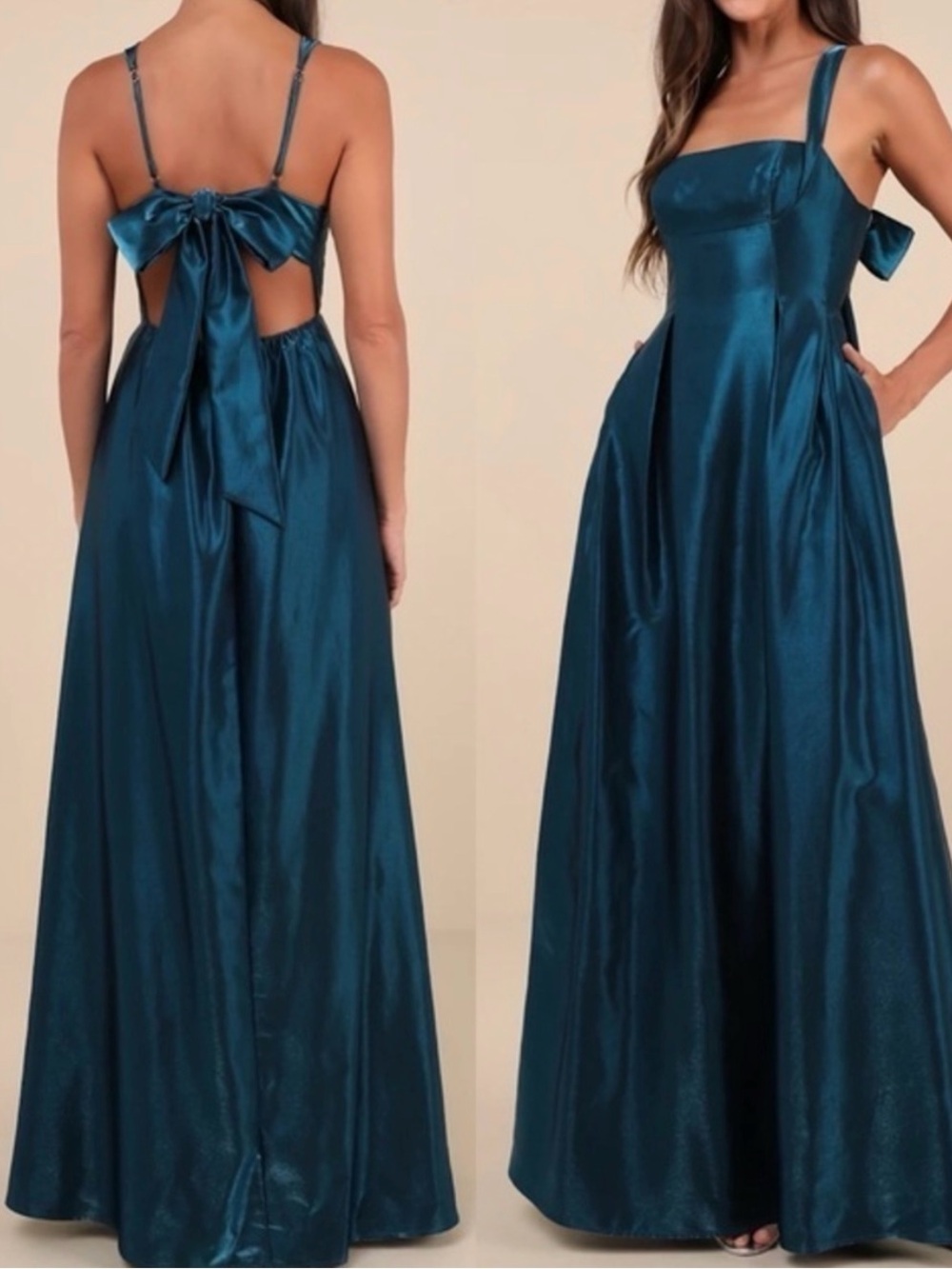 NWT Lulus Immaculate Aura Shiny Dark Teal Taffeta Maxi Dress With Pockets Medium